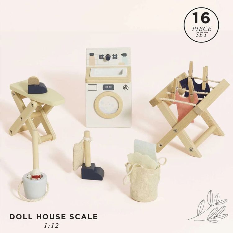 16 Piece Wooden Dollhouse Laundry Room Set