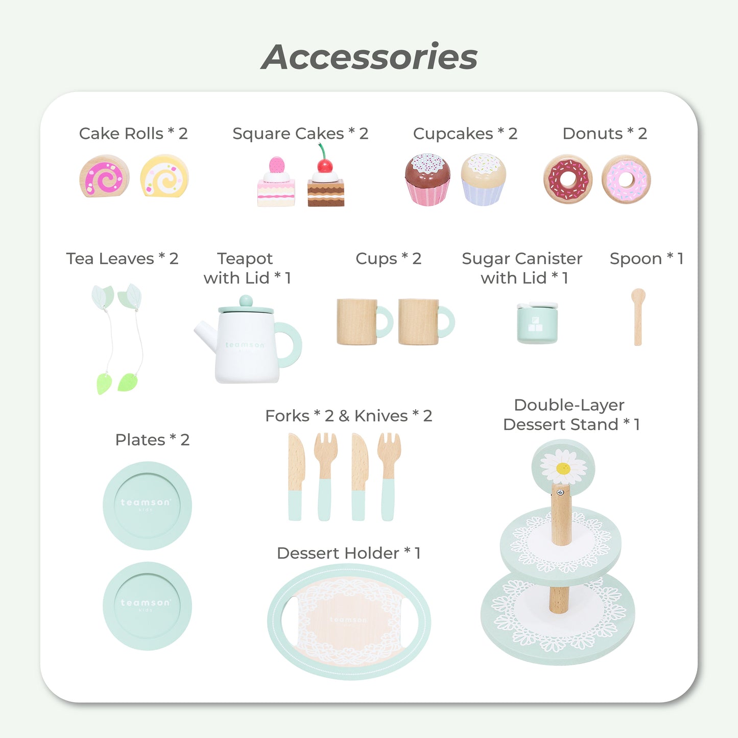 Afternoon Sip Wood Dessert Cart with 21 Pieces & Rotatable Wheels