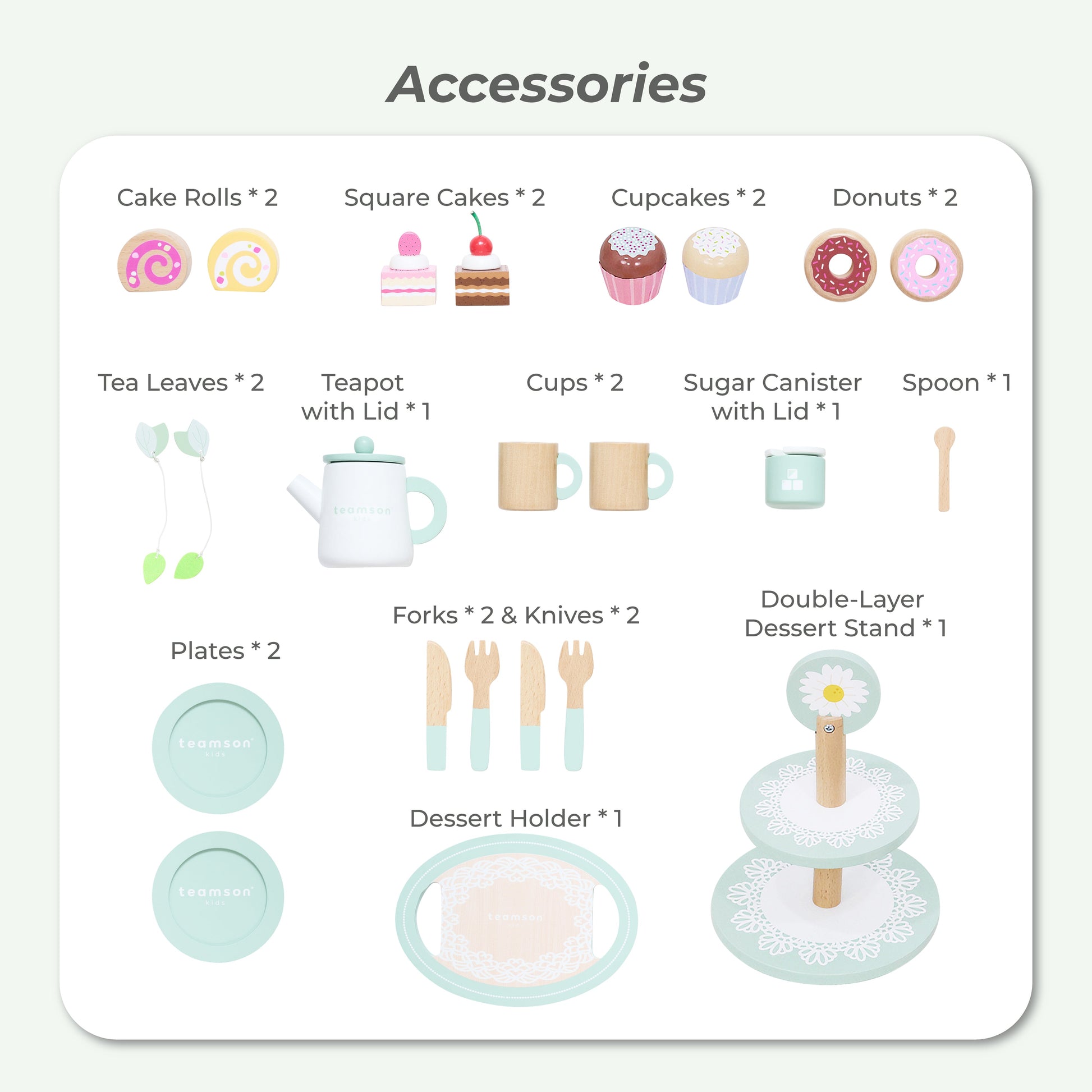 Afternoon Sip Wood Dessert Cart with 21 Pieces & Rotatable Wheels