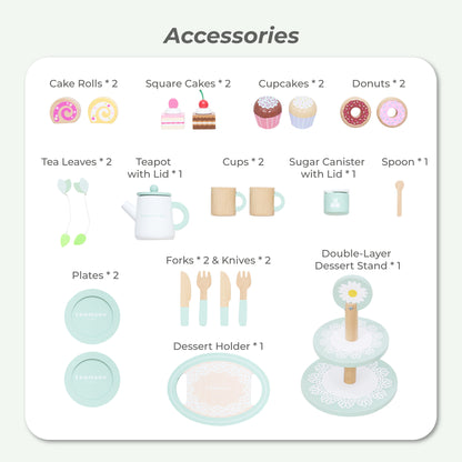 Afternoon Sip Wood Dessert Cart with 21 Pieces & Rotatable Wheels