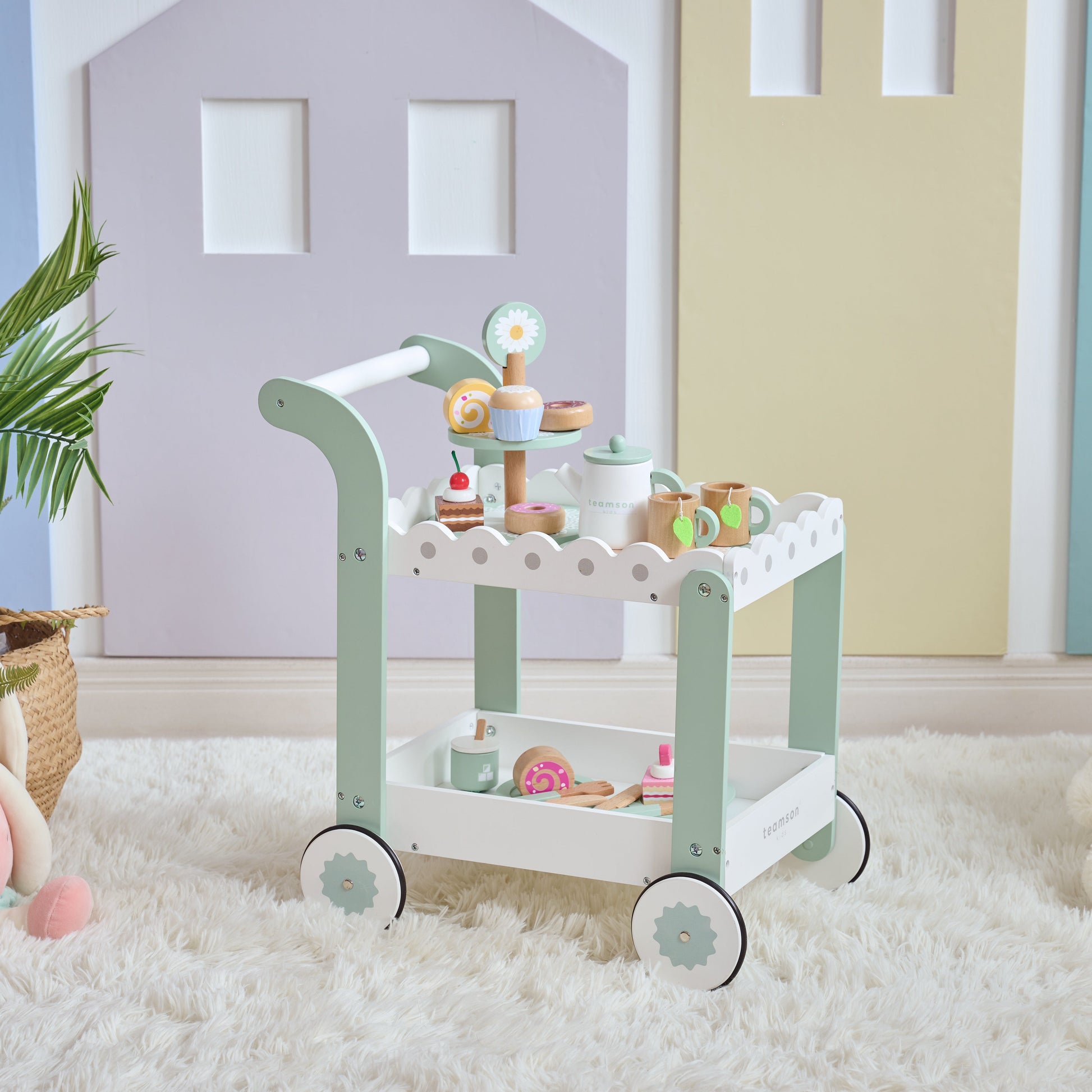 Afternoon Sip Wood Dessert Cart with 21 Pieces & Rotatable Wheels