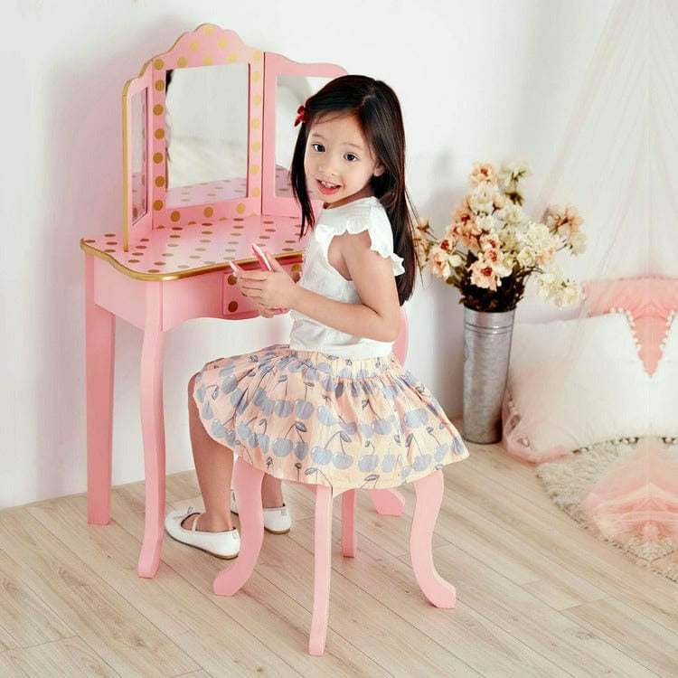 Gisele Polka Dot Vanity with Mirror & Stool - Pink
