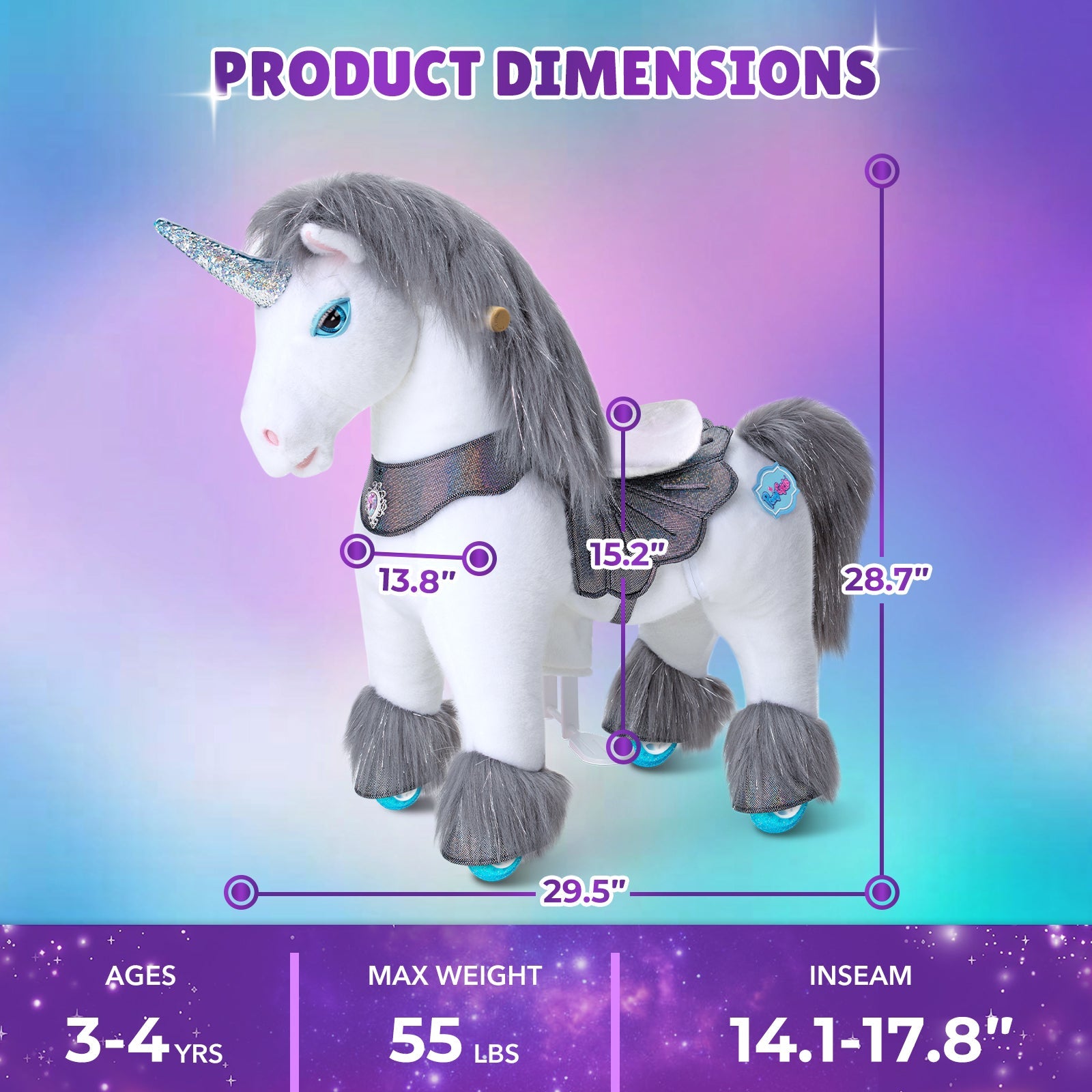 Grey Unicorn Model Y Ride on Toy - 3-4 Years