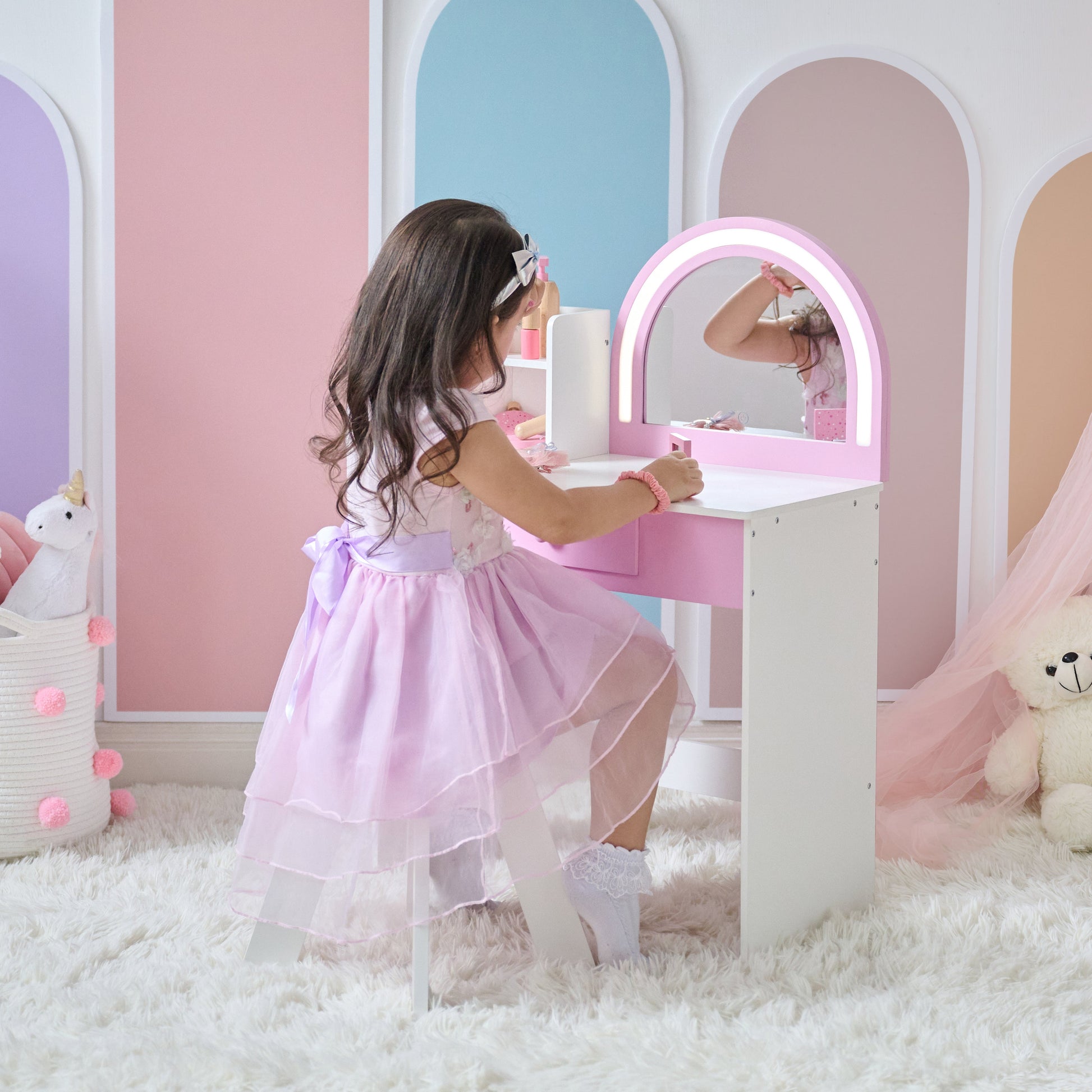 Rosé Shine Wood Vanity & Desk with LED Mirror & Stool - Pink/White