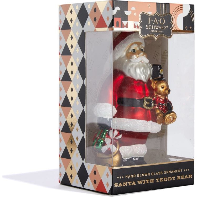 Santa & Teddy Bear Glass Ornament
