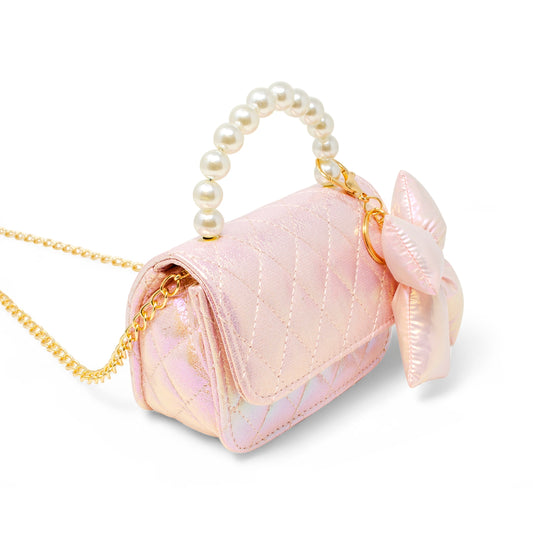 Shiny Quilted Fluffy Bow Handbag - Pink
