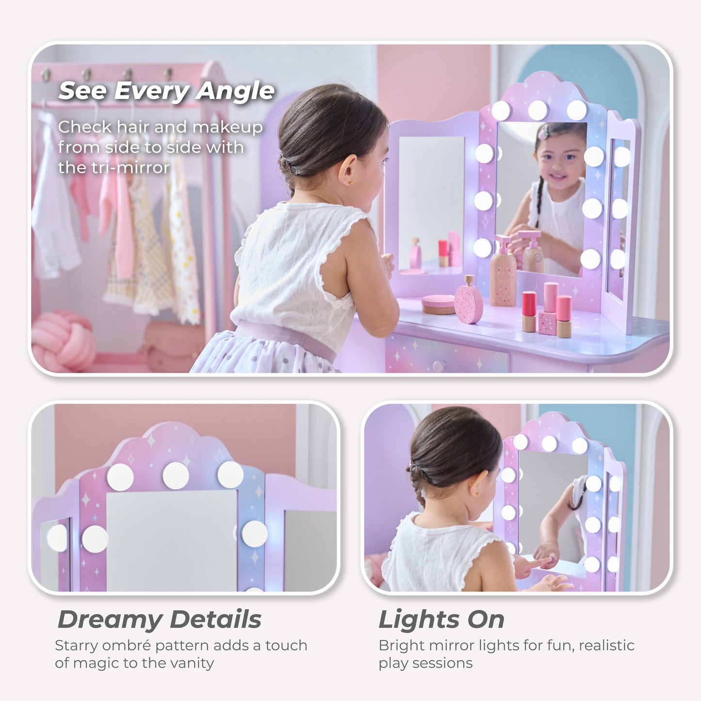 Stardust Gisele Wood Vanity Table with LED Mirror & Drawer - Purple
