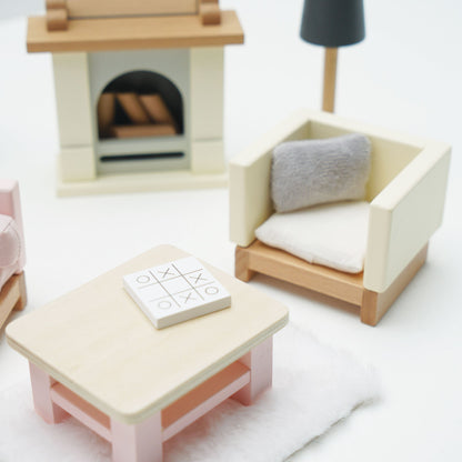 Wooden Dollhouse Living Room Furniture Set - 19 Pieces